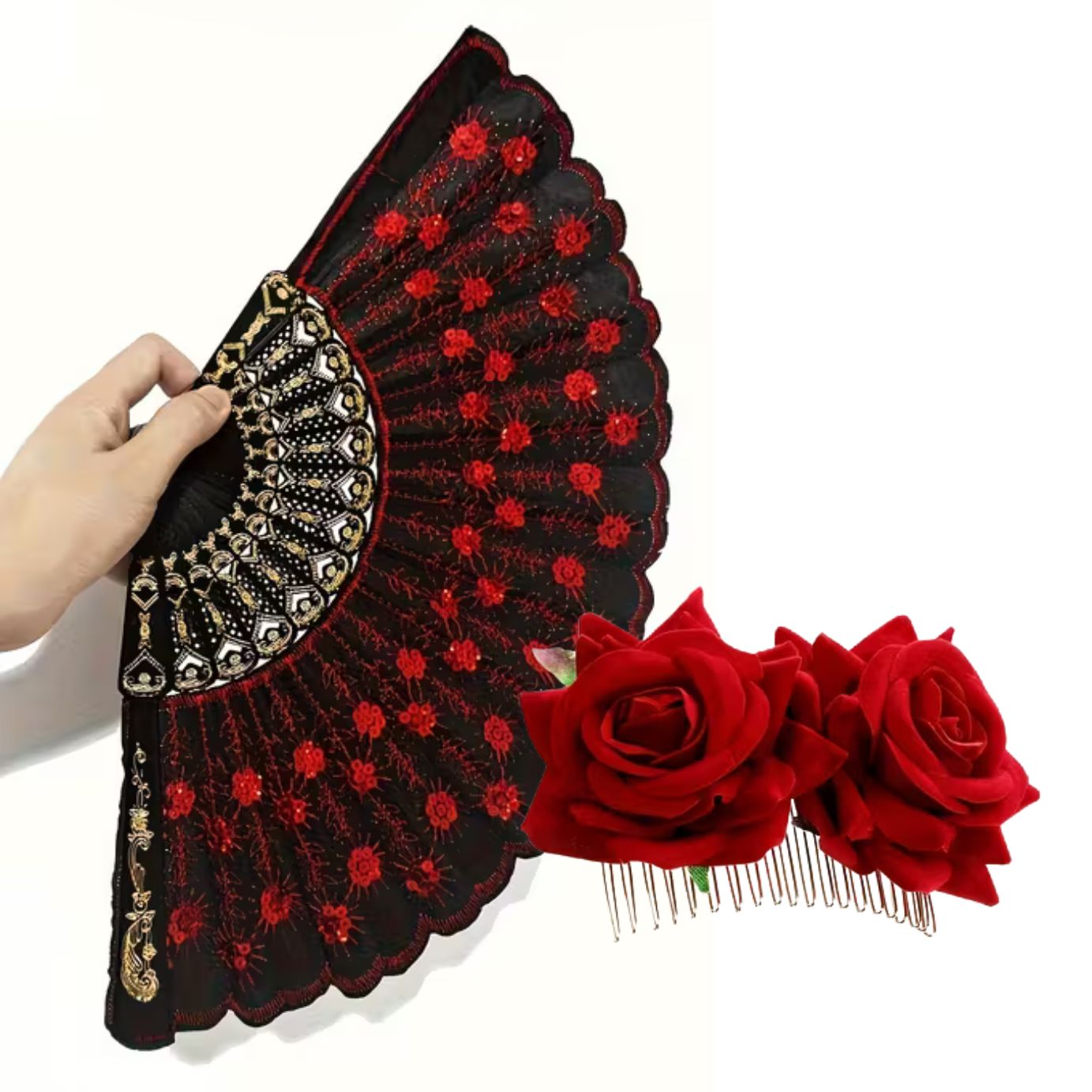 Abanico Plegable y Pinza Flamenca con Rosa isabel pantoja merchandising